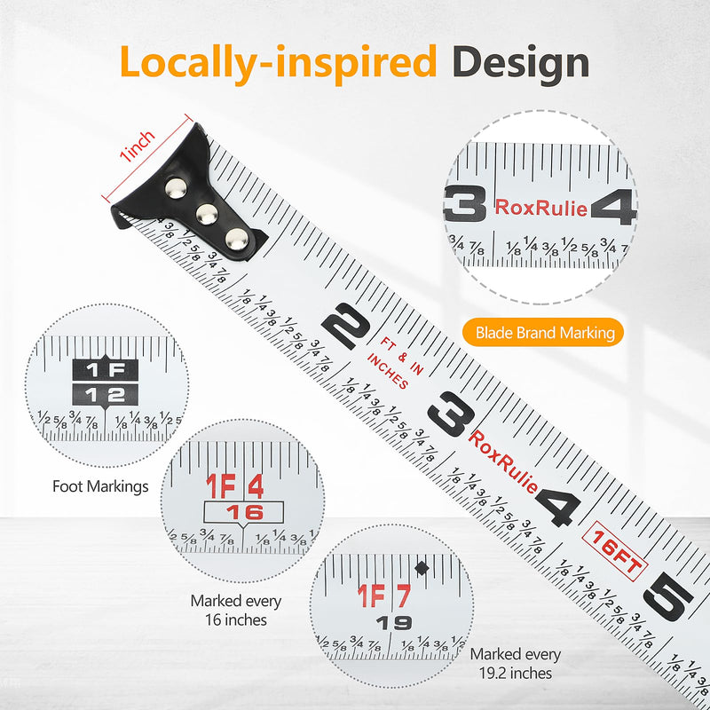 [Australia - AusPower] - Tape Measure with Fractions 1/8, Measuring Tape Extendable 16 FT, Easy Read and Small Measurement Tape, Local Design with Fractional Read, Great for Around The House and Carpenter 