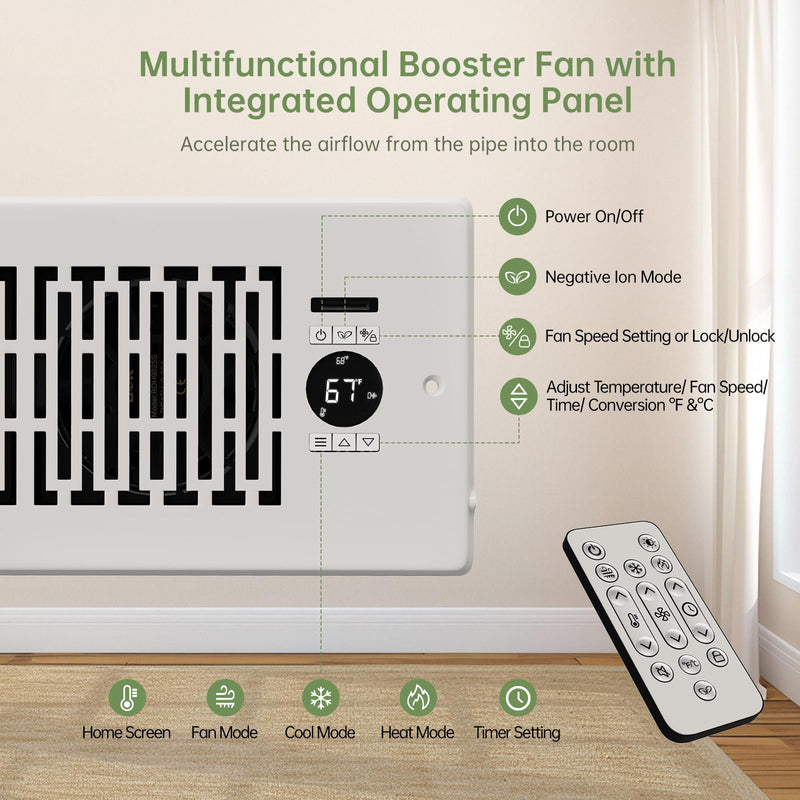 Register Booster Fan Fits 4” x 10” Register Holes, Smart Control Heating Cooling AC Vent Fan, 10-Speed Quiet Register Vent Booster Fans with Thermostat Control & Remote Control
