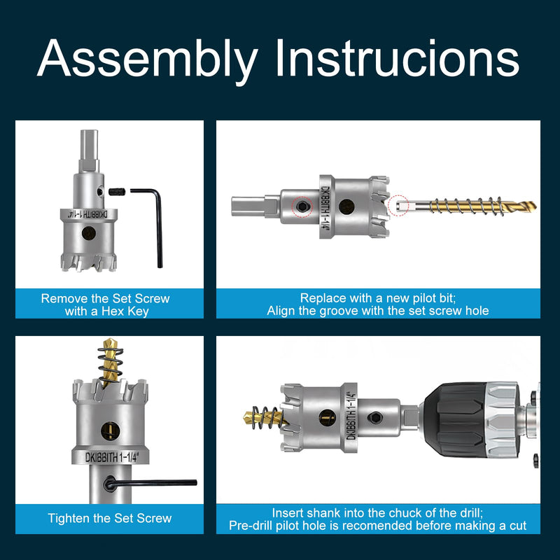4 Pcs TCT Hole Saw Drill Bit Set,3/4” to 1-1/2” Tungsten Carbide Hole Saws Kit for Stainless Steel Hard Metal Plastic Wood, 1” Cut Depth, with Detachable Pilot Drill Bits, Allen Wrench 4-Piece Hole Saw Kit Compact