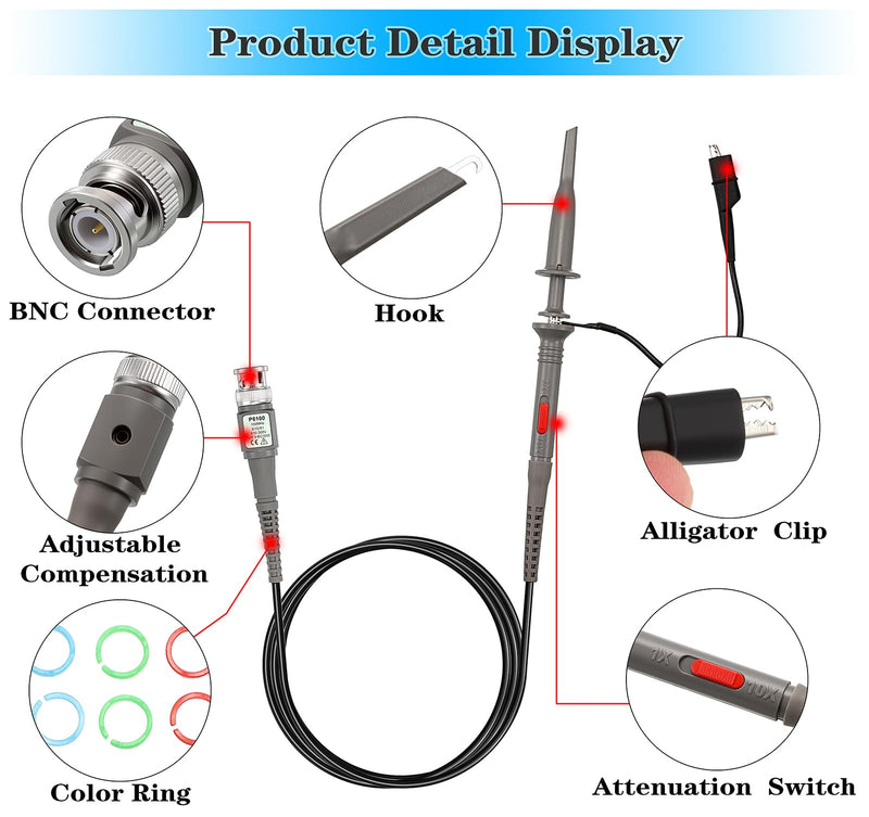 [Australia - AusPower] - Sumnacon P6100 Universal Oscilloscope Probe with Accessories Kit 2Pcs 100 MHz X1/X10 High Sensitivity Oscilloscope Clip Probes with BNC to Test Lead Kit, Mini Alligator Clip and Ground Lead 