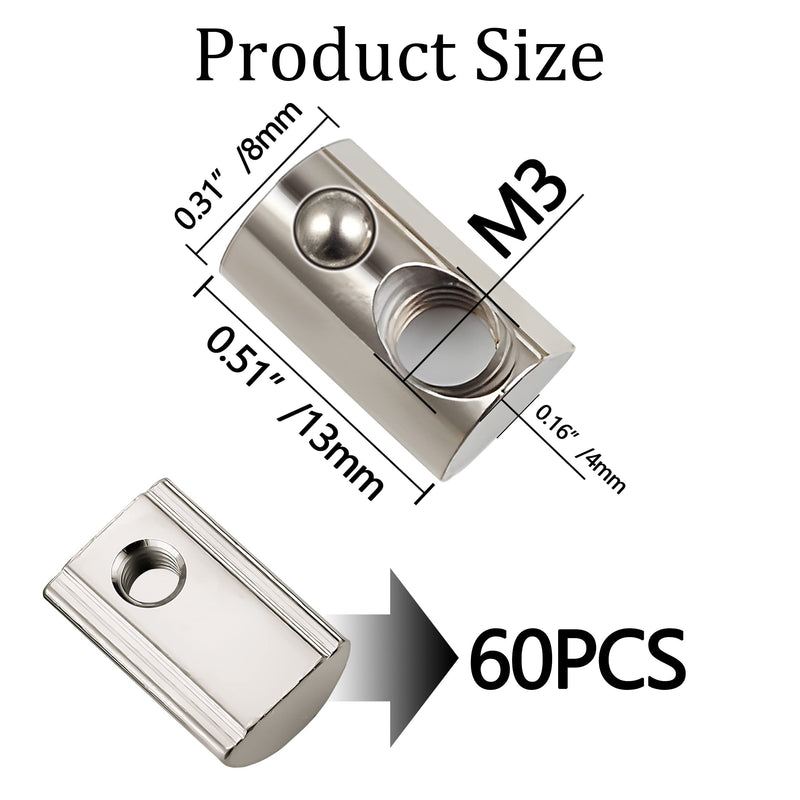 [Australia - AusPower] - 60pcs M3 Spring T Nut, M3 T Slot Nut, M3 T Slot Nuts Roll-in Spring Ball Loaded for Aluminum Extrusion Profile 3D Printer Machine Industry 