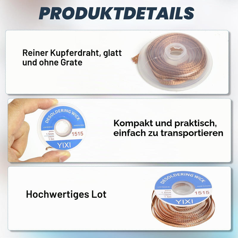 Desoldering Braid, Desoldering Wire, Desoldering Wire, Copper Desoldering Wire (1.0/1.5/2.0/2.5/3.0/3.5 mm), Ideal for Desoldering and Removing Solder on Solder Joints, High Thermal Conductivity Soldering Braid