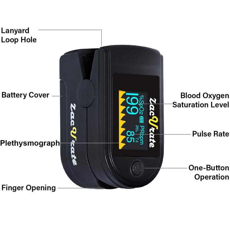 [Australia - AusPower] - Zacurate 500C Elite Fingertip Pulse Oximeter Blood Oxygen Saturation Monitor with Silicon Cover, Batteries and Lanyard (Mystic Black) 