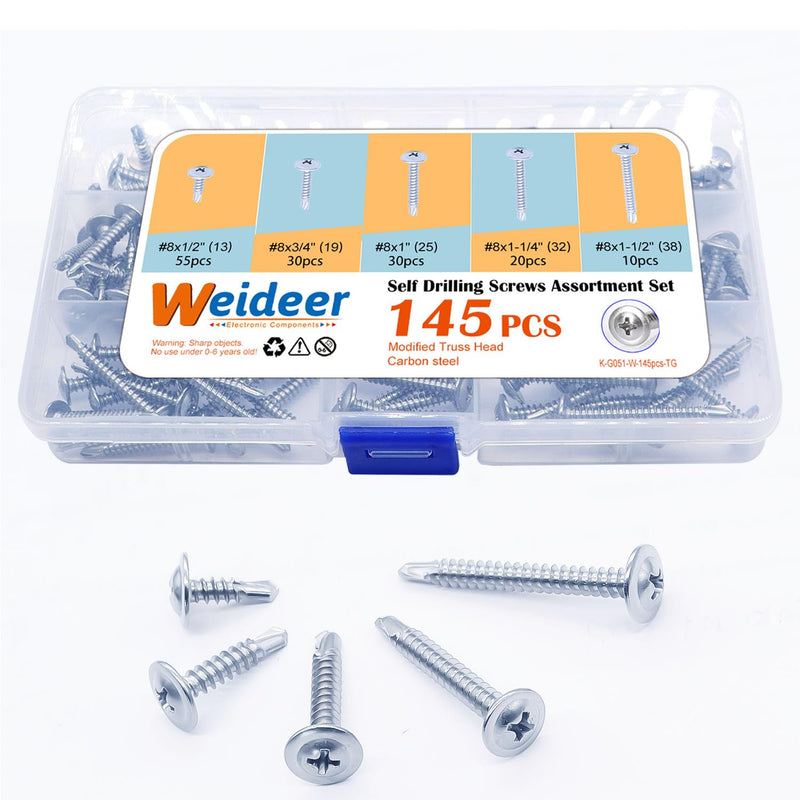 [Australia - AusPower] - weideer 145pcs #8 Sheet Metal Screws Assortment Kit Self Tapping Screws for Metal Modified Truss Head Self Drilling Screws for Metal Plastic Wood 1/2" 3/4" 1" 1-1/4" 1-1/2" 