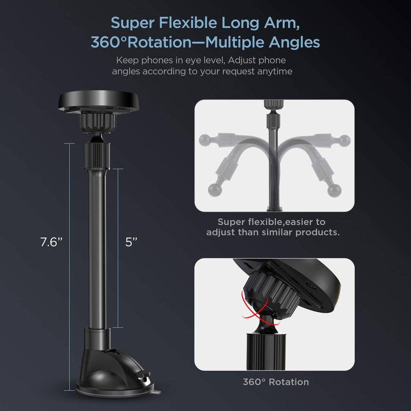 [Australia - AusPower] - IPOW Long Arm Universal Magnetic Cradle Windshield Dashboard Cell Phone Mount Holder with 4 Metal Plates, Soft Firm Goose Arm & Enhanced Suction Cup 7.6" Long Arm Magnetic 