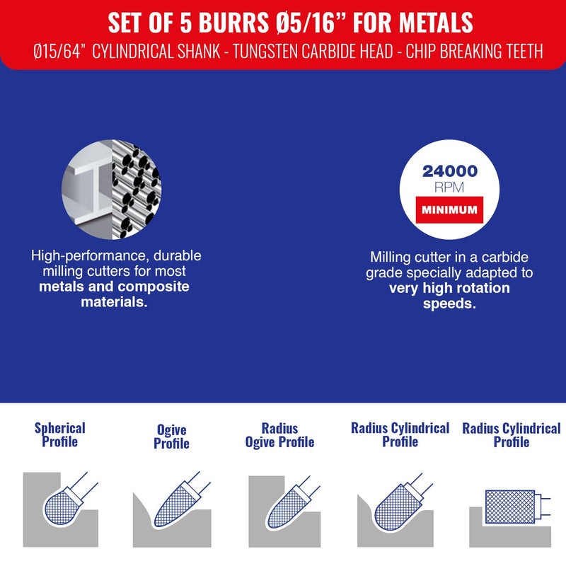TIVOLY - Set of 5 Carbide Rotary Burrs for Metal - Ø1/4" Cylindrical Shank - Tungsten Carbide Head - Chipbreaking Teeth