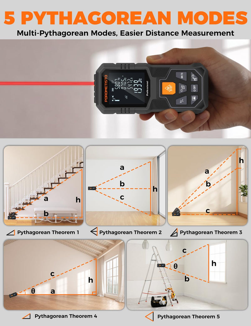 Laser Measure Tool (262ft/80m, ±2mm) with Tripod Mount and Angle Sensor | POROMETISTO 12 Modes（ Angle, Area, Volume, Pythagorean）Handheld Laser Distance meter for Home Construction 80M/262FT
