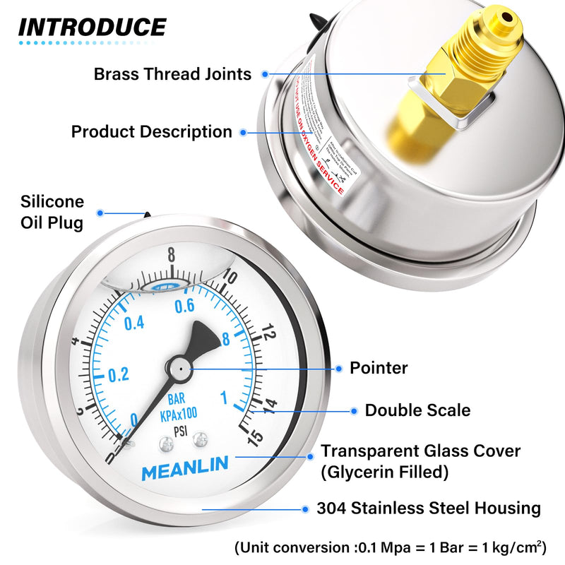 [Australia - AusPower] - MEANLIN MEASURE 0~1BAR/15PSI Stainless Steel 1/4 Inch BSP 2.5 Inch Face Dial Liquid Filled Pressure Gauge WOG Water Oil Air Rear Mount, with 1/4" x 1/2" BSP and 1/4" x 3/8" BSP Hex Socket 0~1BAR/0~15PSI Rear mounted 