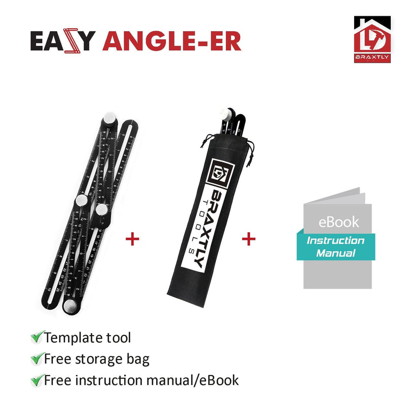 Braxtly Tools™Easy Angle-ER Heavy Duty Template Tool - Ultimate Multi Angle Ruler - for Measuring Angles - Made of Premium Metal Alloy- Adjustable Knobs for Precise Measurement- w/Instruction Manual