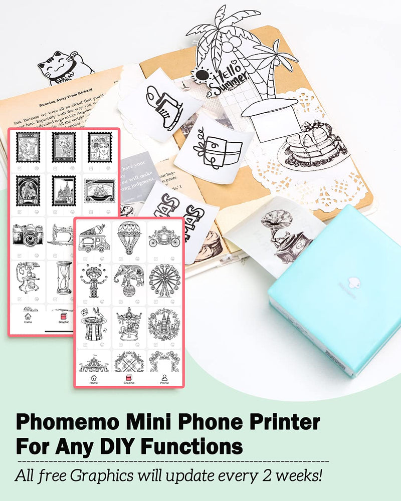 [Australia - AusPower] - Phomemo Sticker Printer -M02 Mini Thermal Printer Bluetooth Sticker Maker with 3 Rolls Paper, for DIY Creation, Study Notes, Memo, List, Work Plan, Gift, Cyan 1 Printer + 3 Roll Papers 