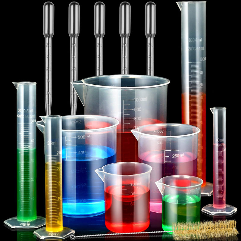 [Australia - AusPower] - moveland Plastic Graduated Cylinders and Beakers with 5 Pipettes, 10ml 25ml 50ml 100ml Cylinders, 50ml 100ml 250ml 500ml 1000ml Beakers, Ideal for DIY and Kids Science Lab 