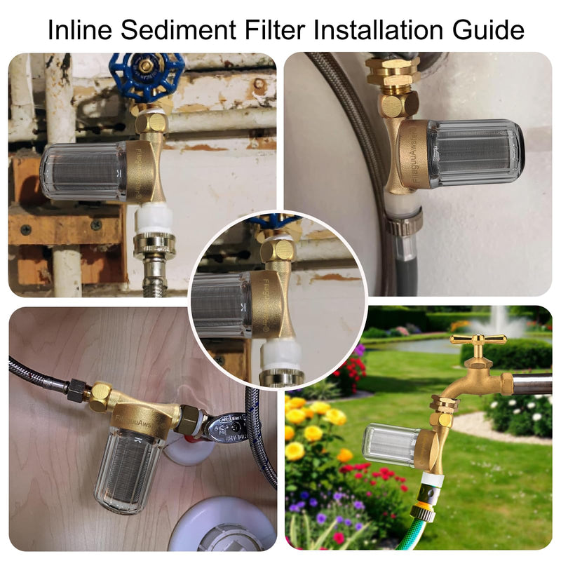FA21 Brass Water Filter for Shower, Washing Machine Filter, 40-50 Micron, Reusable Sediment Filter, Traps Sand Rust, 1/2" Fittings w/ 3/4" Adapters