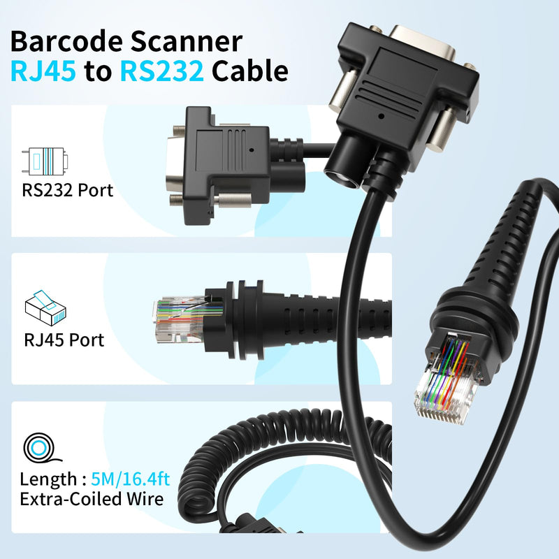 16ft Barcode Scanner Cable RJ45 RS232 to RJ45 for Honeywell 1900 Cable 1200G 1202G 1250G 1280i 1300G 1400G 1450G 1452G 1470G 1900GHD 1900GSR 1902GHD 1902GSR 1950GHD 1980i 1472G Power Cord (2) 2