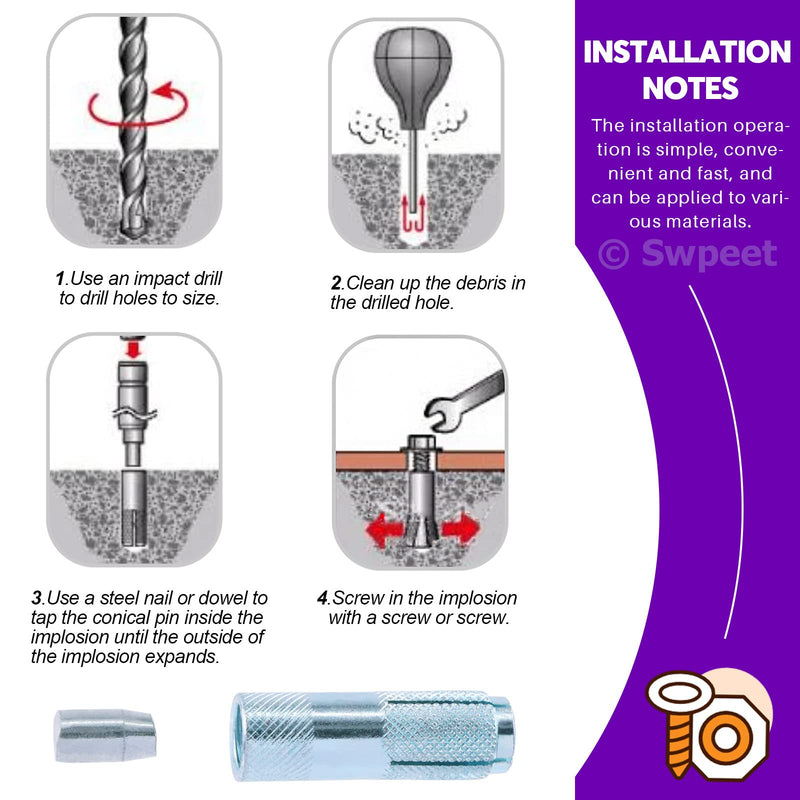 [Australia - AusPower] - Swpeet 12Pcs 3/8 Inch Premium Zinc Plated Carbon Steel Concrete Knurled Drop in Anchors Assortment Kit, Expansion Screws Internal Forced Expansion Bolts for Solid Concrete 