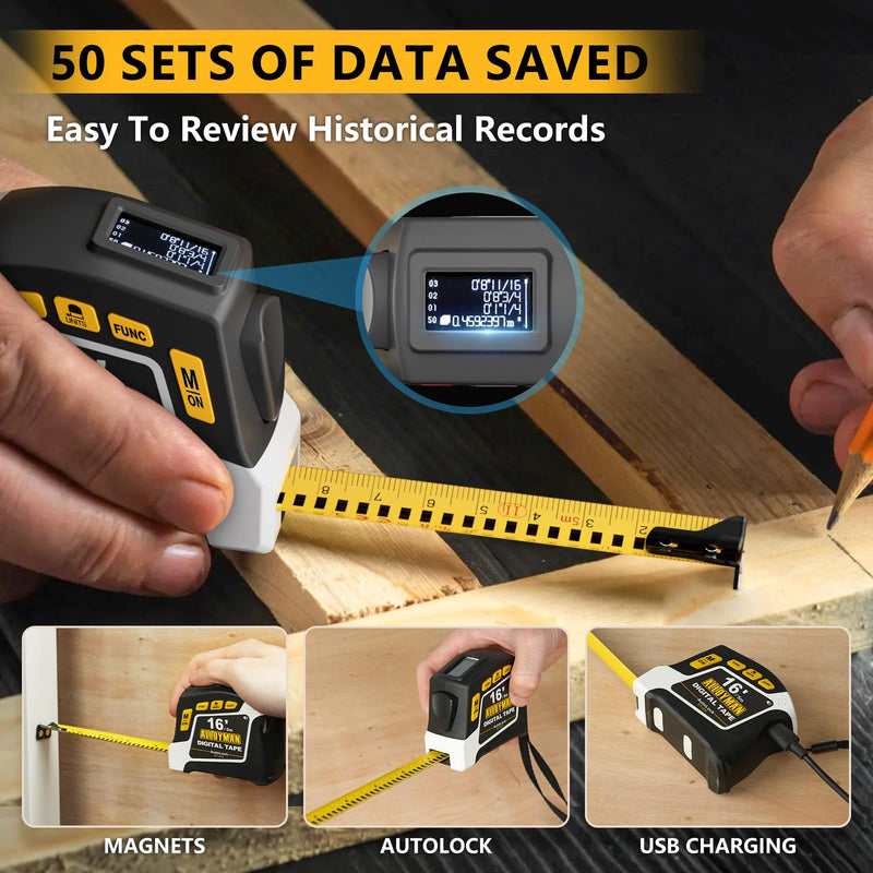 [Australia - AusPower] - Alloyman 2-in-1 Digital Tape Measure, 16Ft Measuring Tape, 50 Groups Historical Memory, 6 Units Switch, 4 Measuring Modes, Auto Lock with Movable Magnetic Hook, Waterproof & Drop Proof, App Sync 