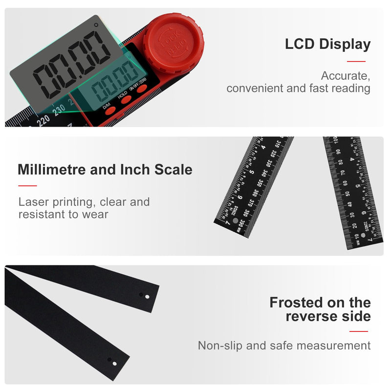 2-in-1 Digital Protractor with LCD Display, Hold and Locking Function, 360° Rotating Angle Ruler for Mechanical Engineering, Woodworking and Measurement - 400 mm 200mm (7.87 Zoll)