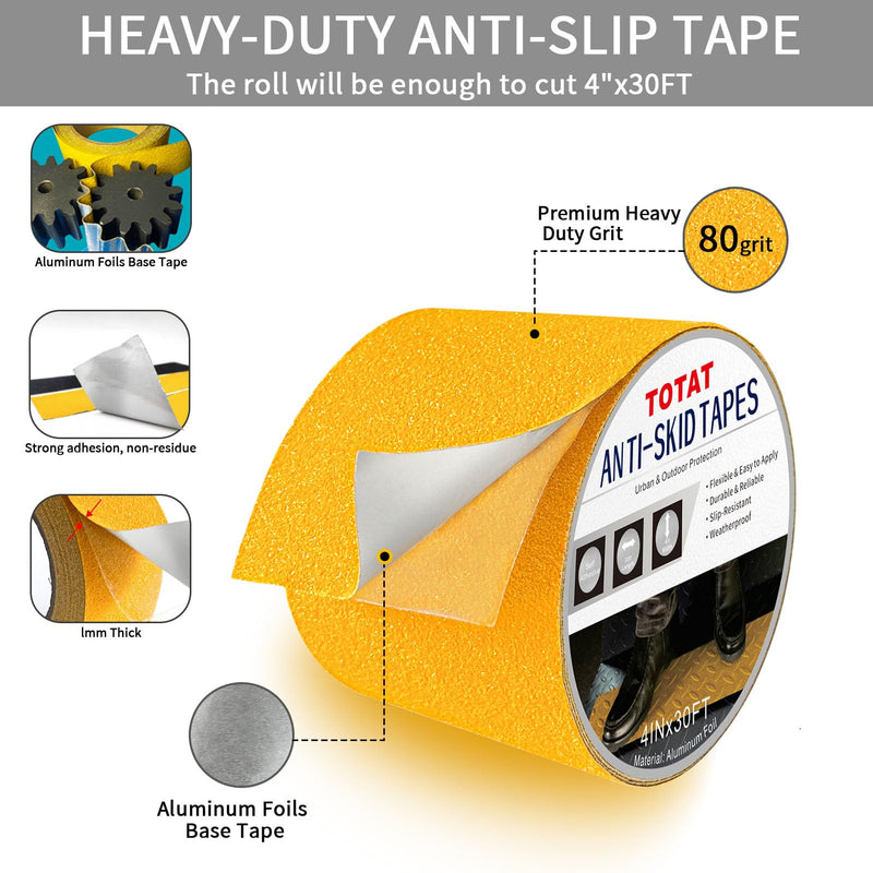 Heavy Duty Aluminum Foil Anti-Slip Tape 4" x30FT Yellow - Industrial Safety Grip for Warehouse Stairs, Pool Decks & High-Traffic Walkways - Waterproof Traction Tape 4 IN