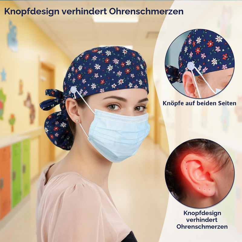 Pack of 2 Women's Surgical Caps, Adjustable Work Caps, Cotton Nurse Cap with Buttons and Sweatband for Men and Women Colorful