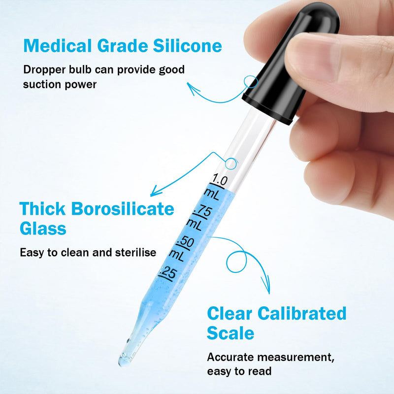 [Australia - AusPower] - Herain Dropper Pipette-10 Pcs, 1ml Glass Eye Dropper for Medicine, Essential Oil, Crafts, Skincare, Scientific Experiments, Measuring and Transferring a Variety of Liquids Small Rubber Bulb-10pcs 