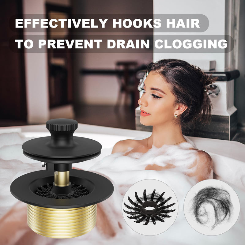 Tub Drain Stopper Bathtub Drain, Hair Catcher and Two-Hole Overflow Faceplate,11.5/16 UNC Bathtub Drain, Premium Brass Lift and Turn Twist Tub Drains Replacement Trim Kit,Tub Stopper, Matte Black