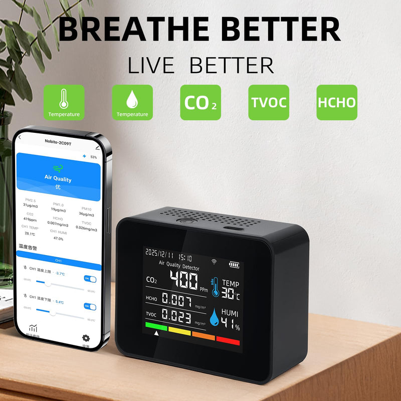 Smart Air Quality Monitor, Indoor Air Quality Meter with HCHO, CO2, PM2.5 PM10,PM1.0, TVOC, AQI, Temperature & Humidity,Time&Date,Alarm, 1-Year Data Storage, App Control for Home & Office