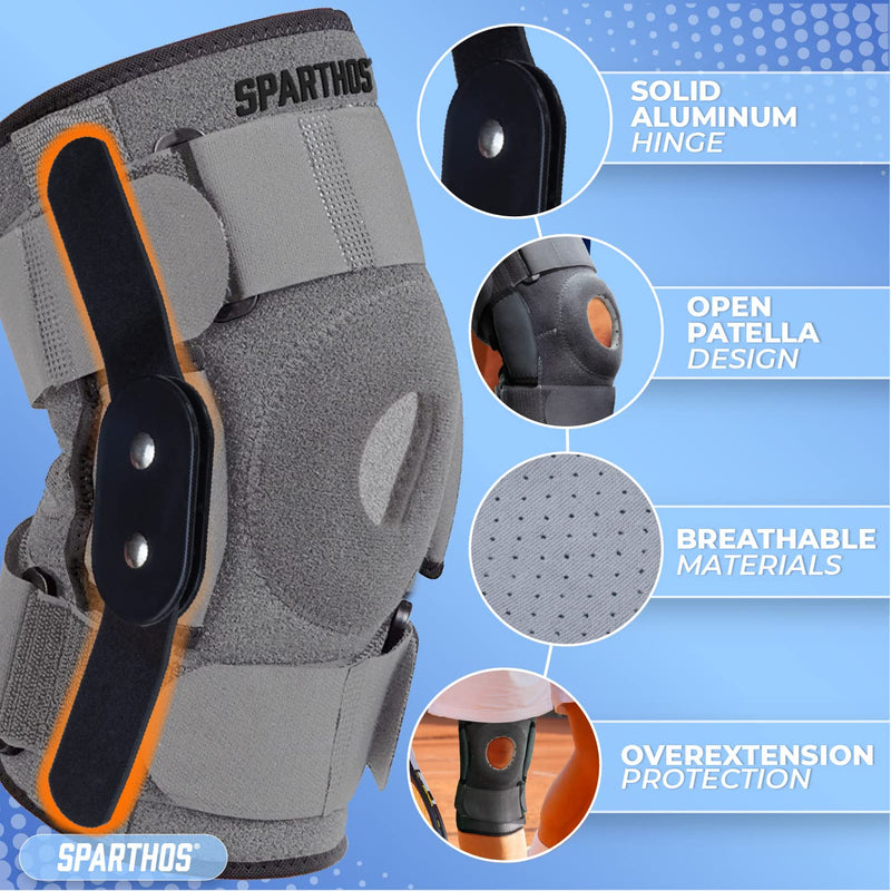 [Australia - AusPower] - Sparthos Hinged Knee Brace - Relieves ACL, MCL, Meniscus Tear, Arthritis, Tendon Pain - Open Patella Design with Dual Metal Side Stabilizers - Support for Running, For Men and Women (Large) Gray/Black Large 