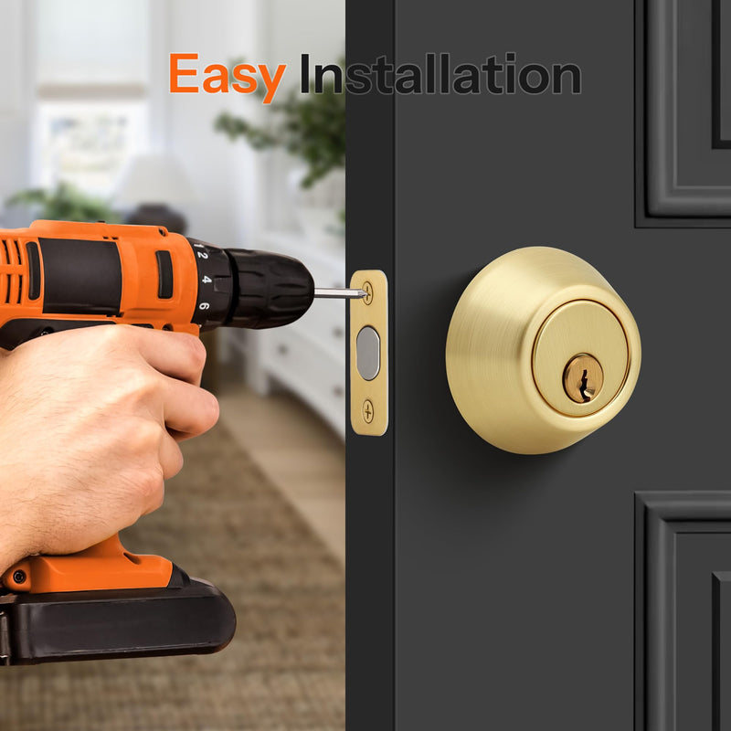 Single Cylinder Deadbolt, Keyed Front Door Lock, Satin Brass | Keyed exterior deadbolt with thumb turn, adjustable latch, standard door fit, satin brass finish