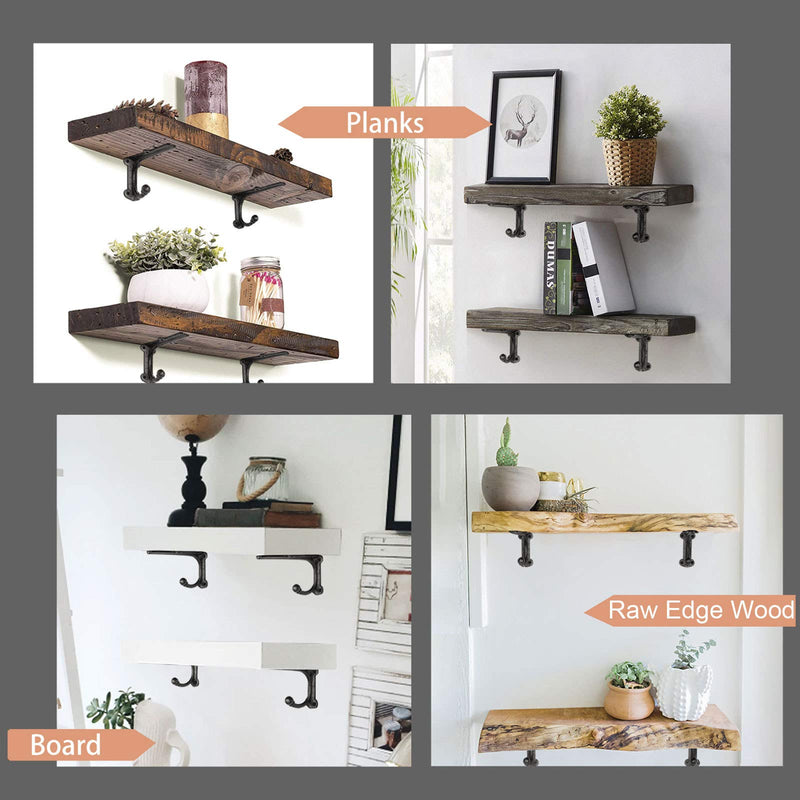 Rustic Shelf Brackets & Supports, Black Shelf Bracket with Hook, Cast Iron Wall Shelf Brackets, Heavy Duty Brackets for Wood Shelves, 6 Inch 2 Pack 6Inch 2Pack