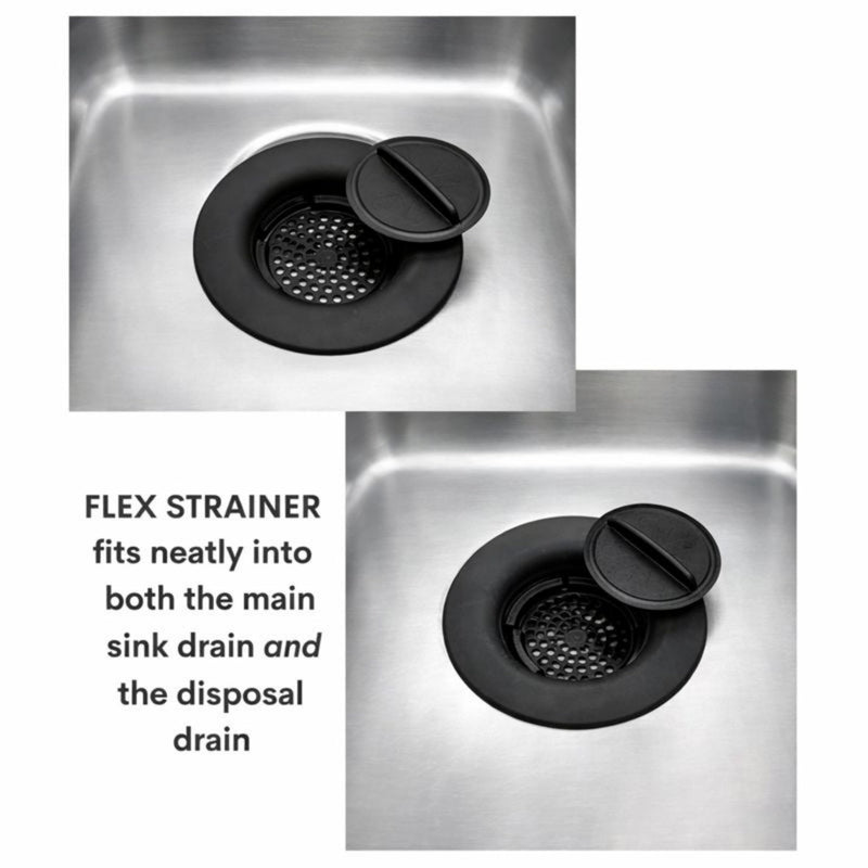 Flex Strainer® Sink Drain Strainer with Optional Stopper – No Center Stem, Fits Standard 3½” Sink Drains & Disposals – Easy Clean, Dishwasher Safe – Made in USA – Black, 2-Pack 2PK