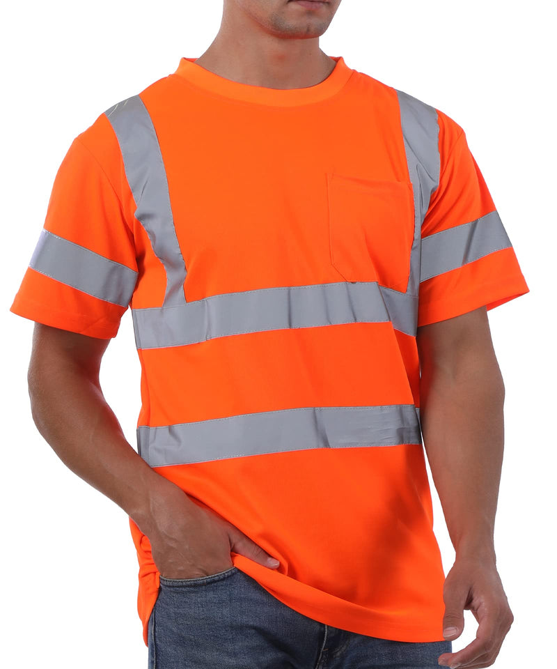 sesafety High Visibility Shirt for Men Hi-Vis Construction Work Shirt with Pocket and Reflective Strips Safety Short Sleeve Tshirt Class 3 Orange 3XL