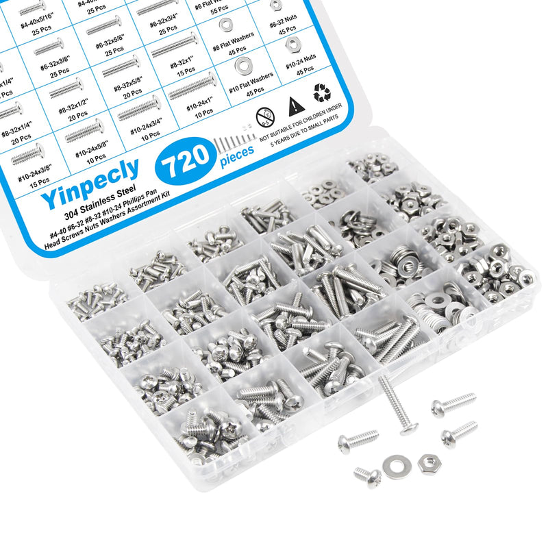 720pcs #4-40#6-32#8-32#10-24 Phillips Pan Head Machine Screws Nuts Washers Assortment Kit,304 Stainless Steel, Coarse Thread, Fully Machine Thread #4-40 #6-32 #8-32 #10-24