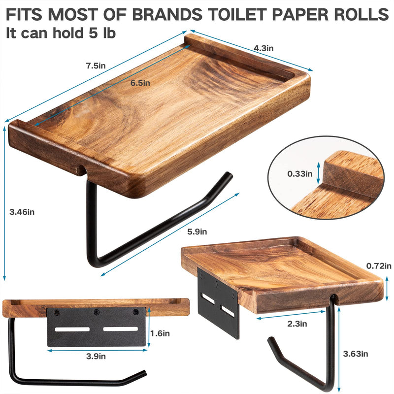 Yangbaga Toilet Paper Holder with Shelf: Wall Mount Bathroom Tissue Roll Storage with Adhesive& Screw, Matte Black Aluminum Alloy Bathroom Accessories Wood Shelf for Phone Wipes 7.5in*4.3in*3.46in