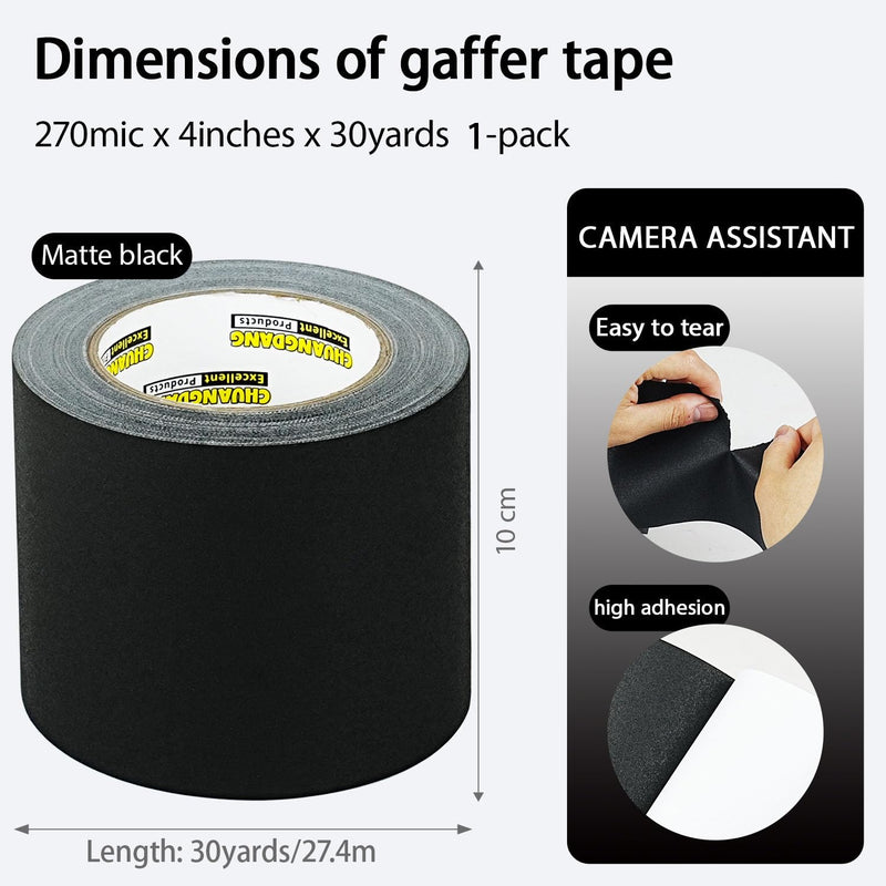 [Australia - AusPower] - 1-Pack Black Gaff Tape,4 inch x 30 Yards,Black Gaffers Tape,Matte Gaffer Tapes for Stage,Studio, Wire Finishing,Photography,No Residue,Non Reflective,Easy Tear 1 