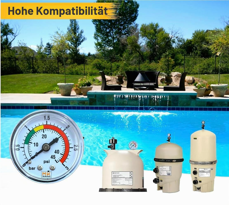 Pool Filter Pressure Gauge 0-3 Bar / 45 PSI, 1/4" BSP Brass Connector Axial, 2" Dial, for Sand Filter Systems - Includes Teflon Tape and 1/8" Adapter 1/4 BSP - Axial