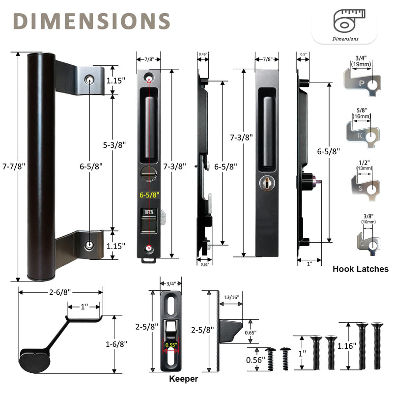 Sliding Glass Door Handle Set with Lock - Easy to Install,Patio Sliding Door Handle Fits for 1 to 1-1/8 Door Thickness,6-5/8" Screw Hole Spacing,Perfectly Replacement for Old Handle(Black) Black - with Lock