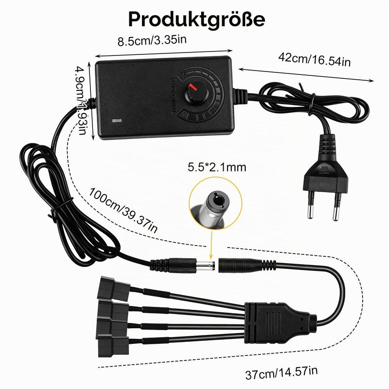 4 Pin PWM Fan Controller with 12 V Power Supply, Fan Speed Controller 100-240 V AC to 3-12 V DC 24 W 2A, Fan Speed Control Module with 1 to 4 Splitter Cable for PC Fan Receiver DVR Console