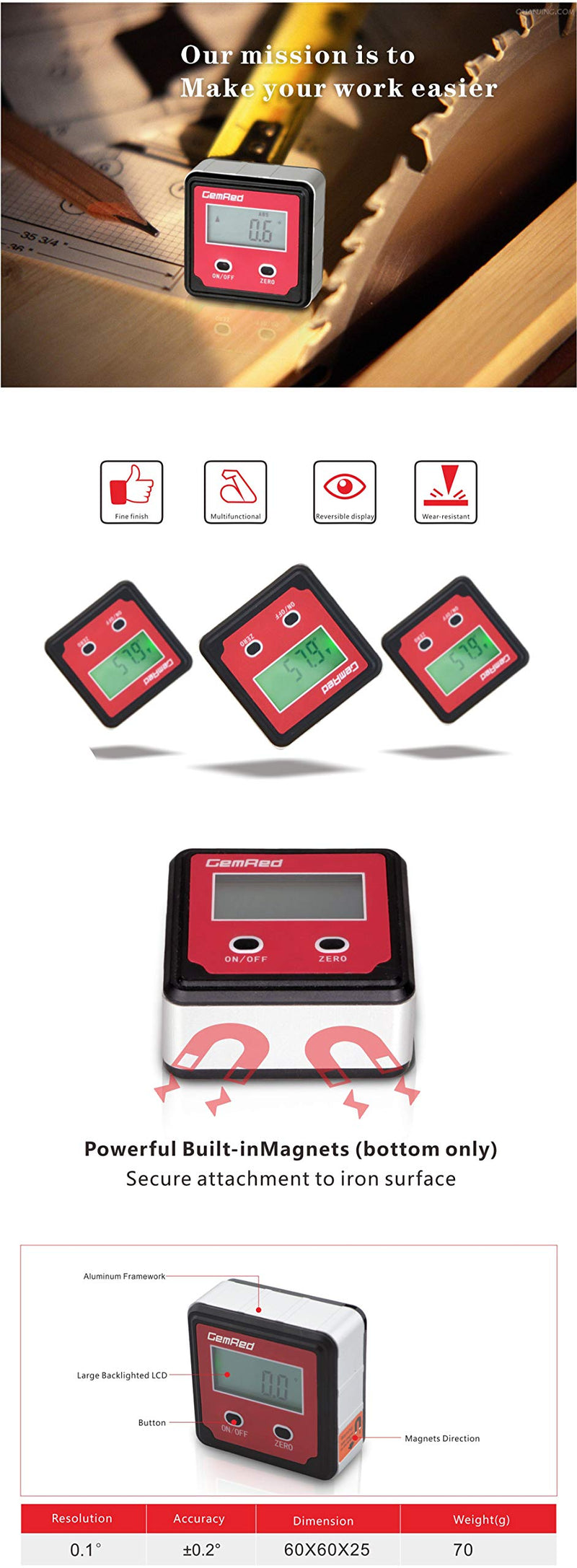 [Australia - AusPower] - GemRed 82412 Digital Angle Gauge (Green Backlight) 