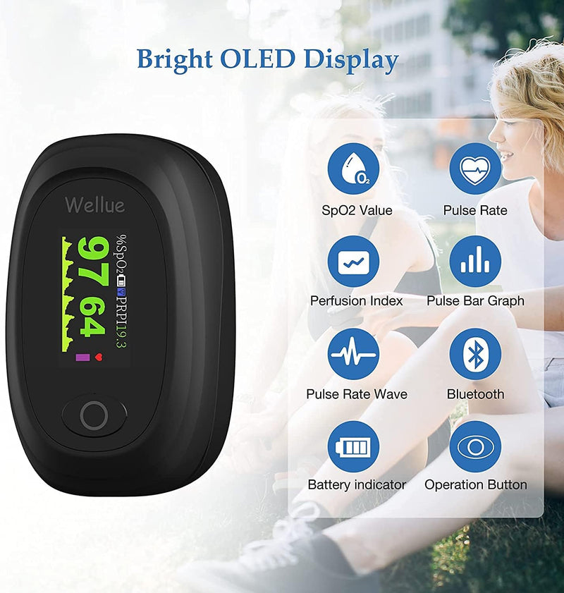 [Australia - AusPower] - Pulse Oximeter with Bluetooth, Oximeter Finger Oxygen with App, Oximeter Finger with Alarm, Quick Measurement and OLED Display, Black 
