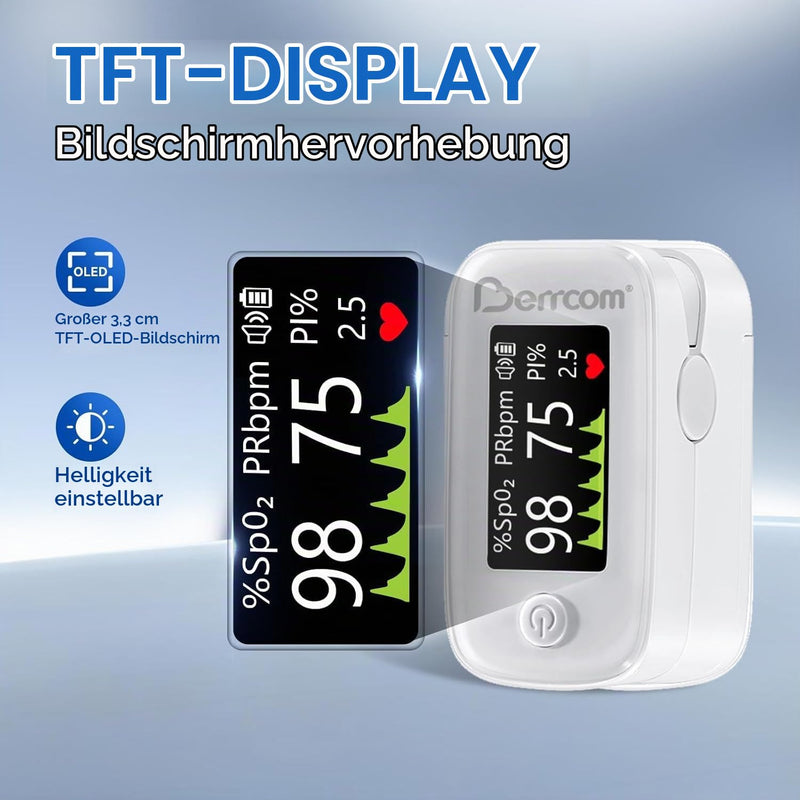 Berrcom Pulse Oximeter Blood Oxygen Saturation Monitor Finger High Accuracy Sats Monitor for Adults with Batteries and Lanyard