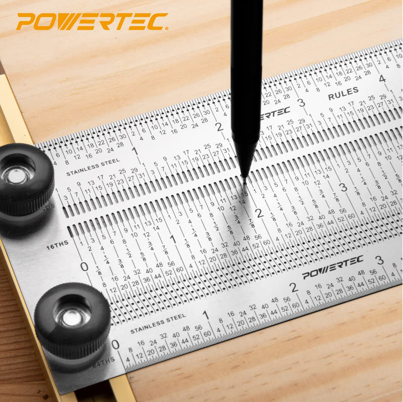 POWERTEC 12'' Precision Marking T-Square, T Rule w/Pencil for Measuring, Scribing, Setting Up Bits Height, Stainless Steel Woodworking & Crafting Marking Tools for Drill Press, Table Saw 80028 12" T Square