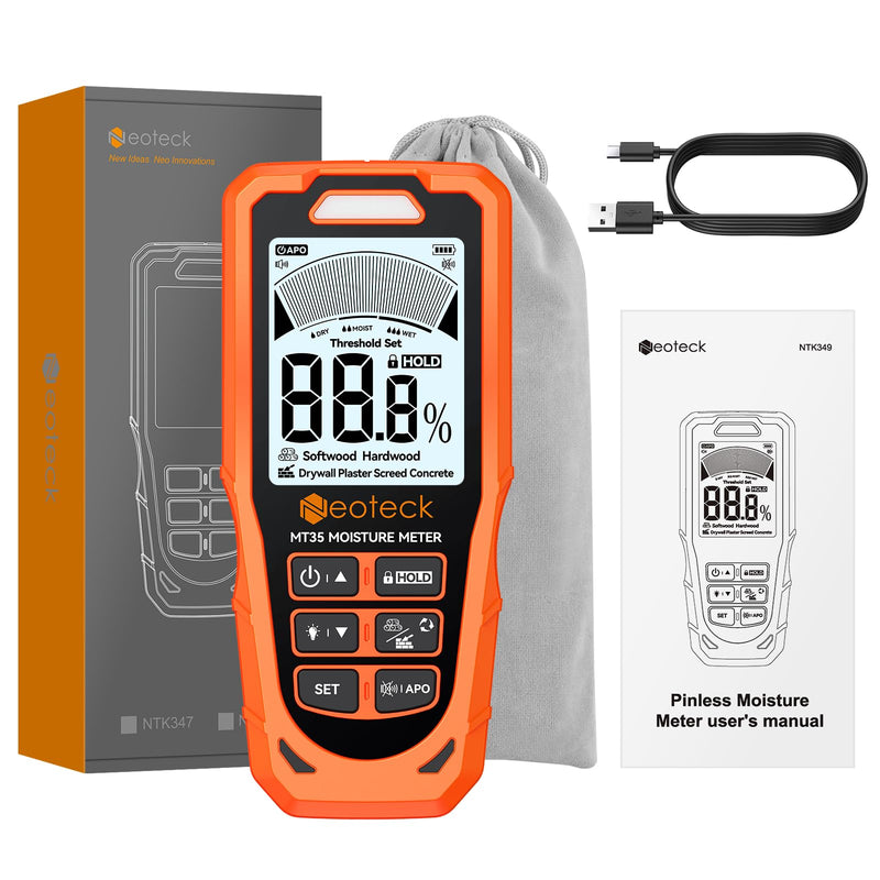 Neoteck 6 in 1 Pinless Moisture Meter 19mm Digital Moisture Detector ±2% Accuracy Wood Moisture Reader with Audible &Visual Alarm and 2.9inch LCD Display for Wood Wall Concrete Drywall Plaster Screed