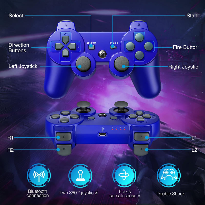 [Australia - AusPower] - Powerextra PS-3 Wireless Controller for Play-Station 3 with High Performance Upgraded Joystick Rechargeable Battery Double Shock for PS-3 (Blue) 