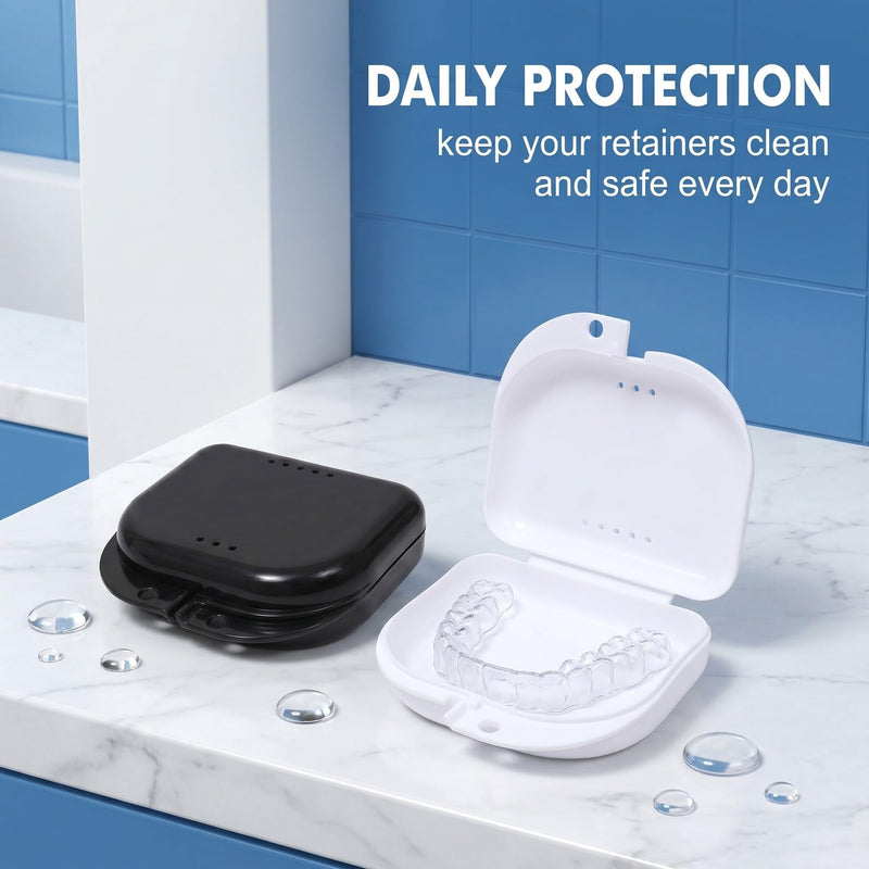 2 Piece Braces Box Set - Portable Dental Box Retainer Case for On the Go, Aligner Box with Ventilation Holes for Mouth Protection & Prostheses, Robust Plastic Case, White & Black