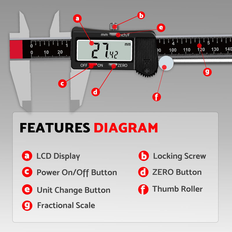 S&F STEAD & FAST Digital Calipers 6 inch, Caliper Measuring Tool, Stainless Steel Digital Micrometer to Measure Inch Fractions Millimeter, Auto-Off Vernier Caliper for DIY, Woodworking