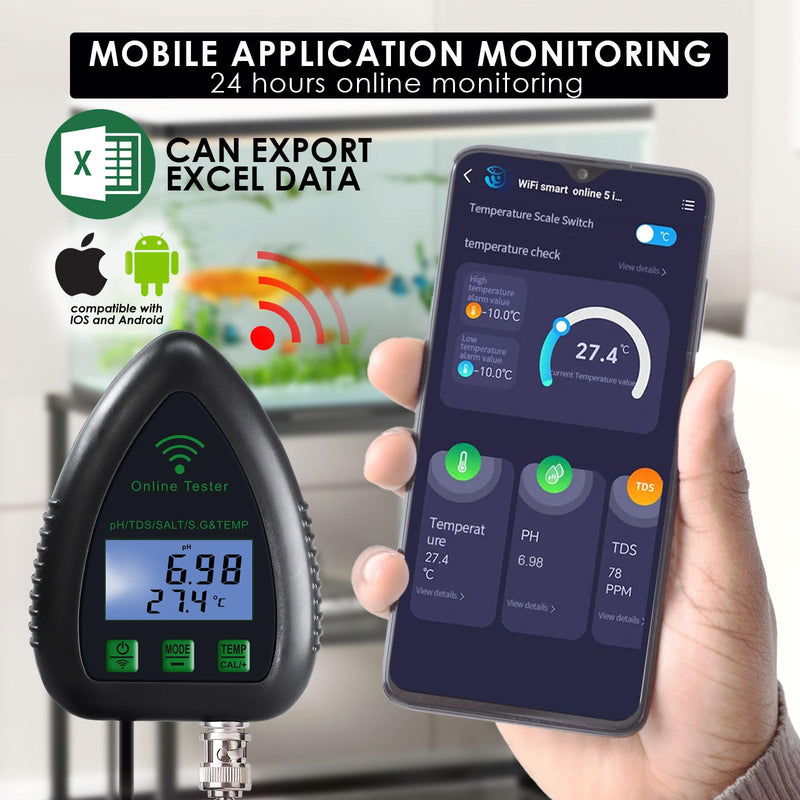 [Australia - AusPower] - Online APP Monitoring WiFi Water Quality Tester pH/TDS/Salt/S.G/Temperature for Aquarium Hydroponics Pool Aquaculture with Easy Calibration 