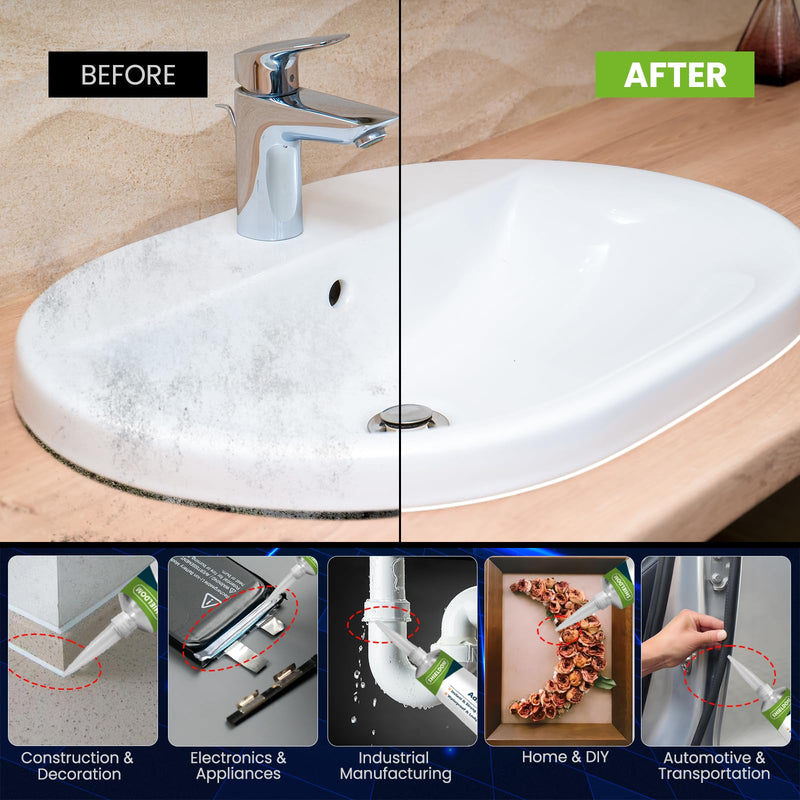[Australia - AusPower] - RTV Silicone Adhesive Sealant 100% Silicone Sealer All-Purpose Caulk Waterproof Stronger Adhesion, Shrink & Crack Proof Caulking for Car, Kitchen, Window, Bathroom, Door (White, 3.4 Fl. Oz.) White 3.4 Fl. Oz. 