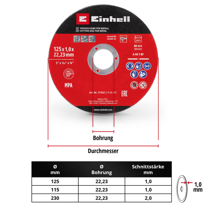 [Australia - AusPower] - Original Einhell 5-Piece Thin Cutting Disc Set for Metal, Diameter 125 mm (1 mm Thickness, MPA Certified, Long Life, Precise, Low-Burr Cuts, for Angle Grinders) 