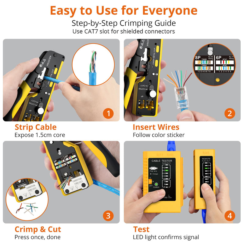 Proster RJ45 Crimp Tool - Cat7 Crimping Tool for 8P RJ45 CAT5/6/7 & 6P RJ11 RJ12 Connector with Rechargeable Network Cable Tester, CAT7 Gold Plated STP Connectors & UTP CAT6 Connectors Cat7 Yellow