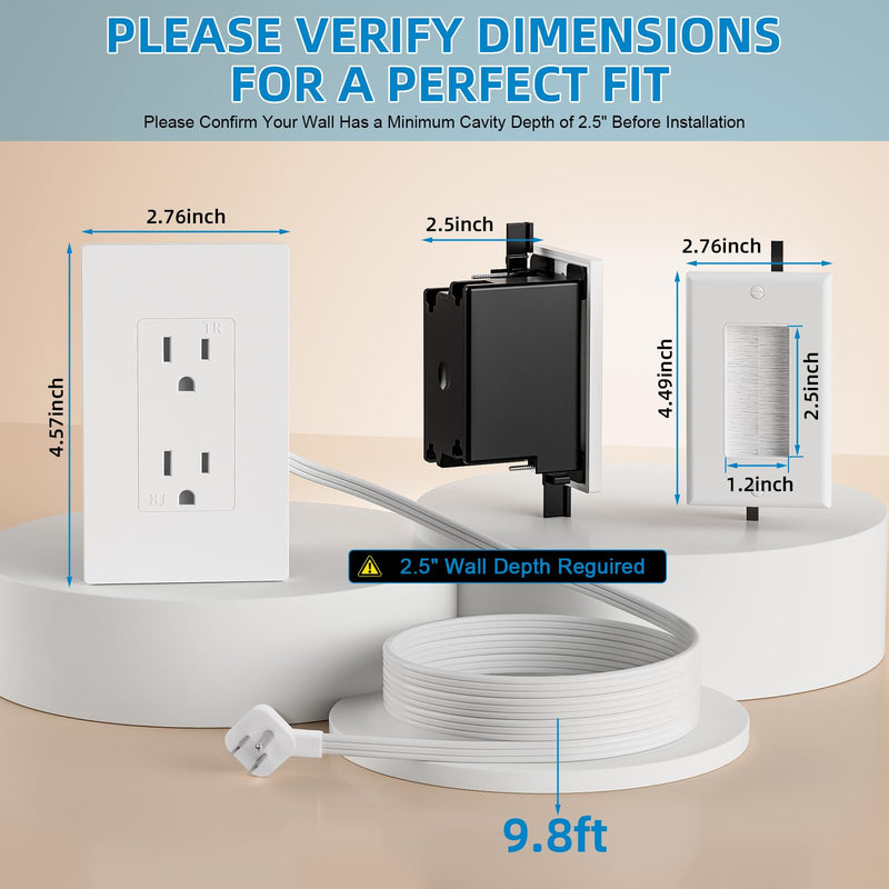 in Wall Cable Management Kit,Recessed Outlet Box for Wall Mount TV, Outlet Relocation Kit for Relocating Unreachable Electrical Outlets,2 AC Outlets,in Wall Extension Cord