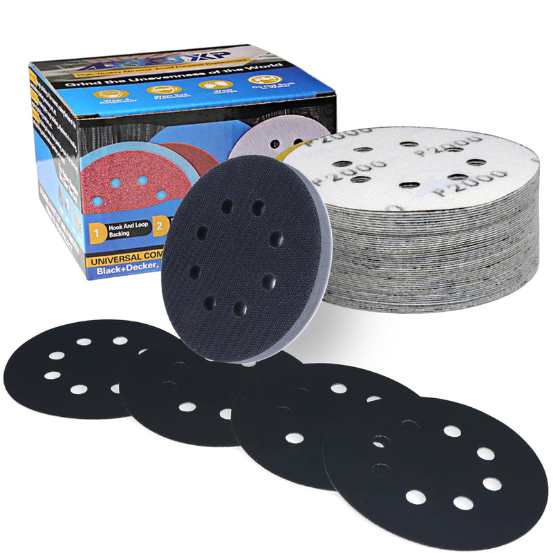 [Australia - AusPower] - ALPXUXP Pack of 51 Sandpaper 125 mm Velcro 2000 Grit Wet Dry Sanding Discs 8 Holes Silicon Carbide Sanding Sheets Professional for Random Orbital Sander (Includes 1 Piece Cushion Pad) for Car Metal P2000 Grit 